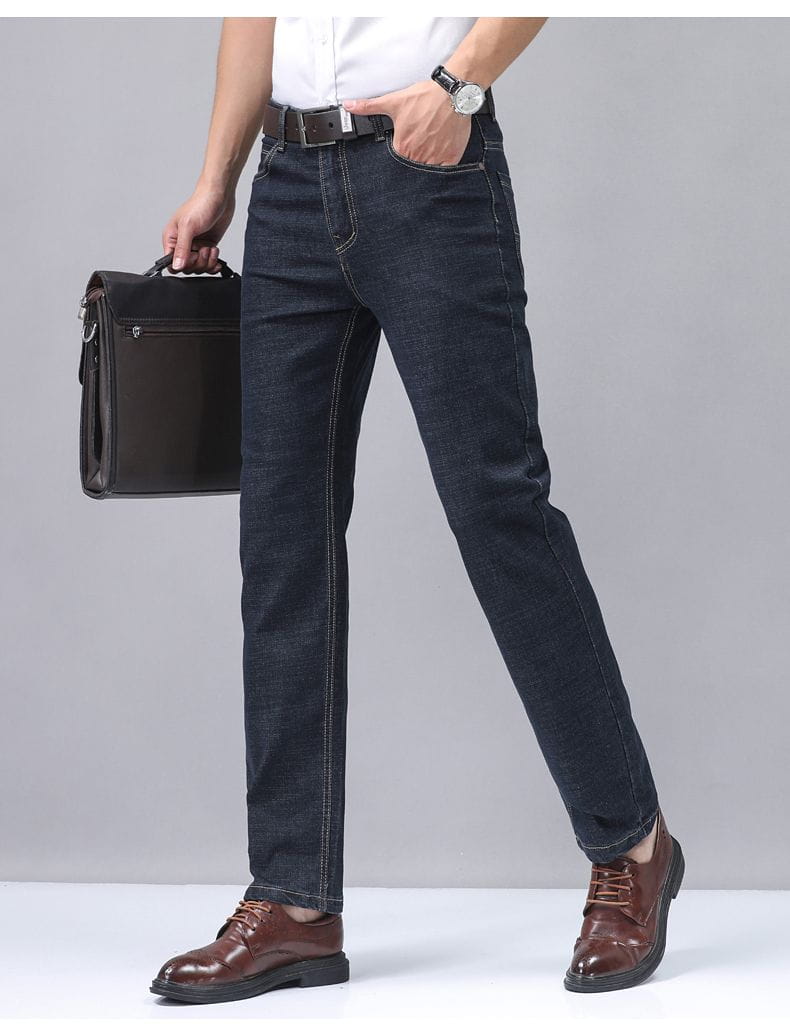 Men’s dark blue stretch cotton straight jeans with a straight-leg cut and classic stitching for casual wear.