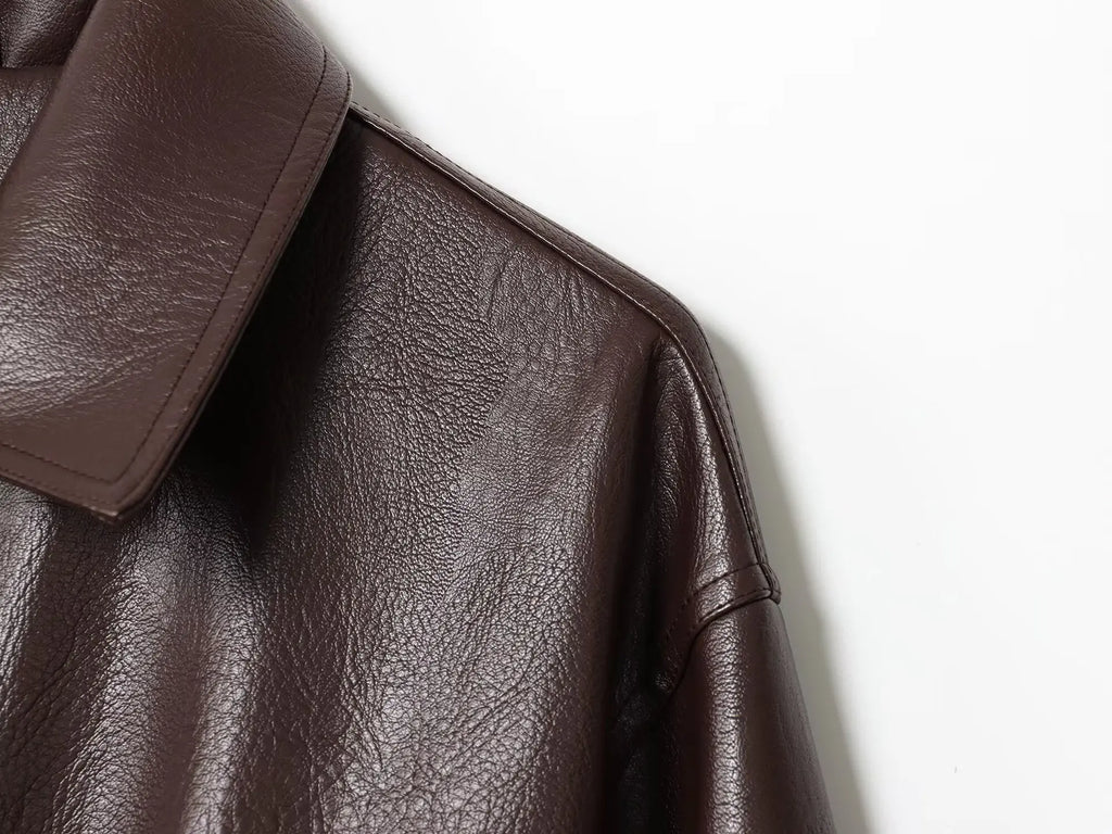 Women's Faux Leather Bomber Jacket Long Sleeve Chic Outerwear Elastic  PU Zipper Jacket Vintage Casual Turn Down Collar Coat