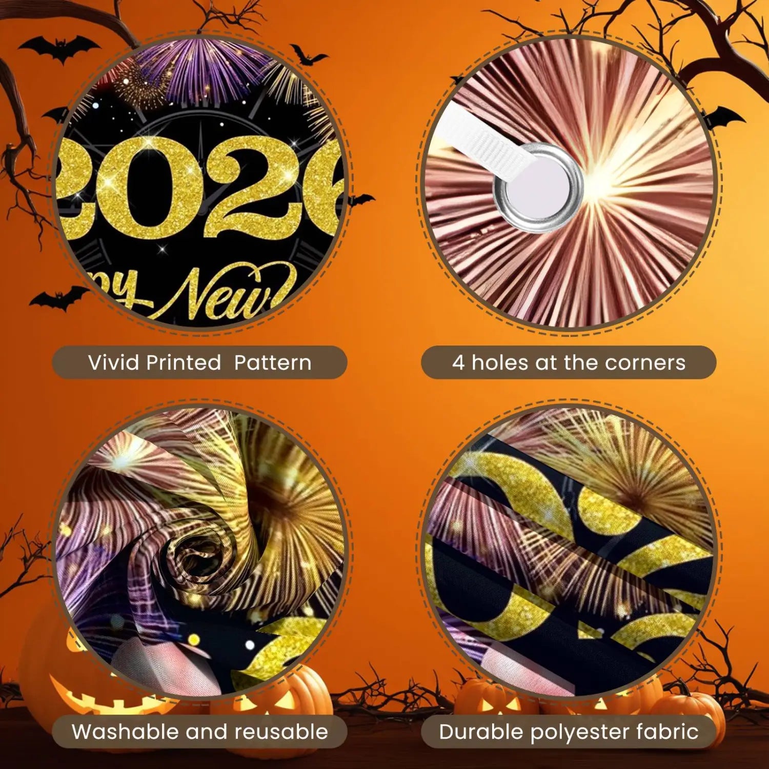 Cinta o tela decorativa de Halloween con impresión vívida, diseño de fuegos artificiales en oro, morado y negro sobre material duradero de poliéster, para decoración de fondo de fiesta de Año Nuevo de 2026.