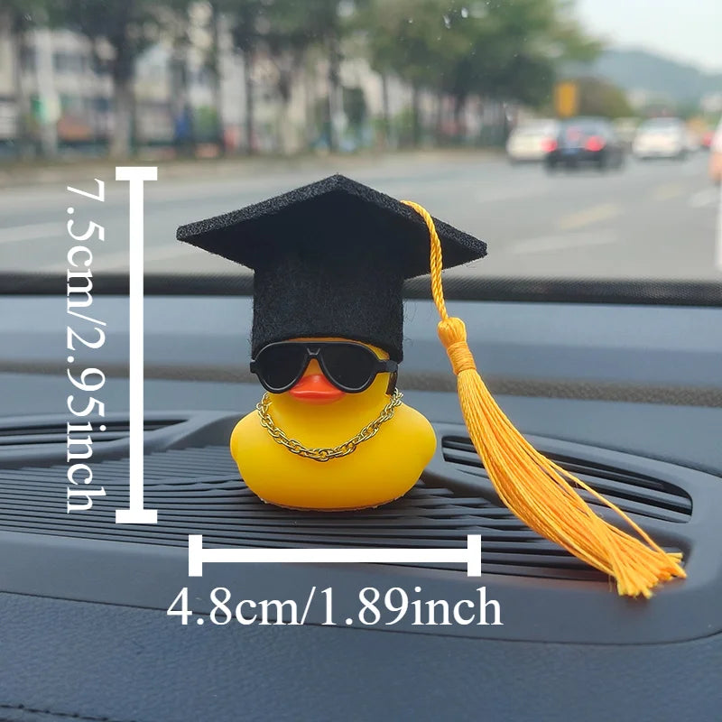 Graduation Hat Yellow Rubber Duck Car Dashboard Decoration with Tassel Sunglasses Gold Chain Graduation Season Gift Ornament