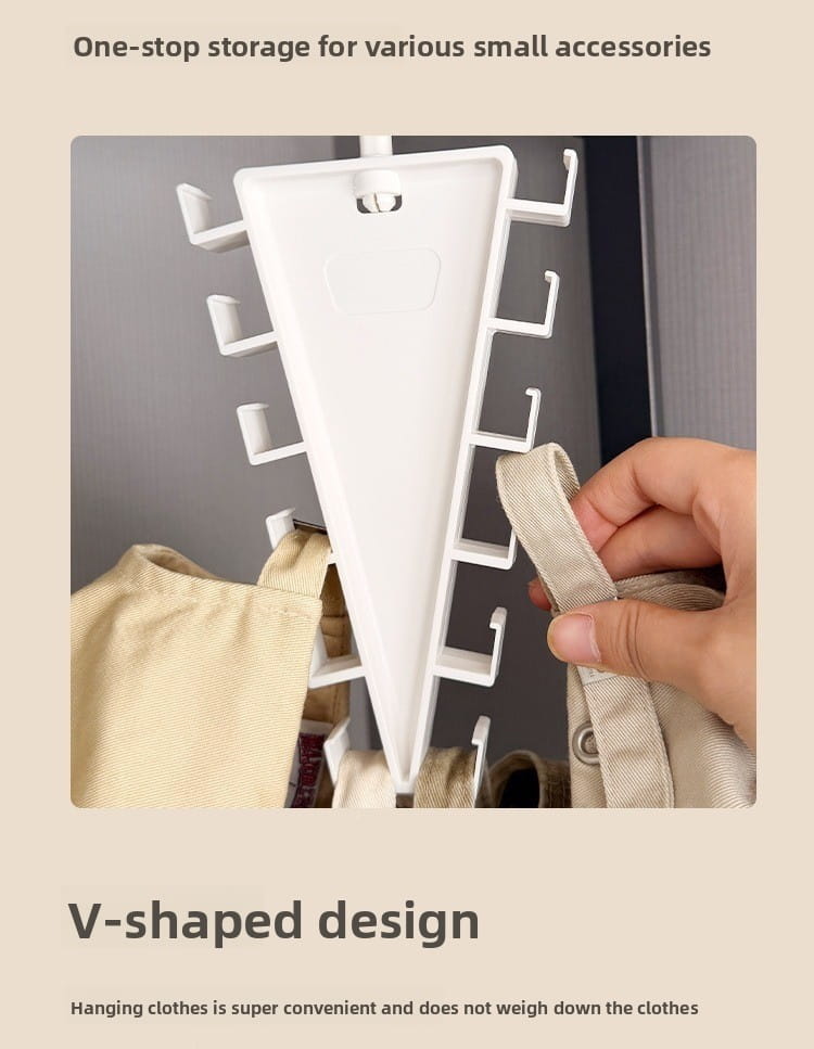Support de cintres en forme de V à plusieurs crochets en plastique blanc, doté de plusieurs crochets pour suspendre de petits accessoires dans un organisateur de penderie.