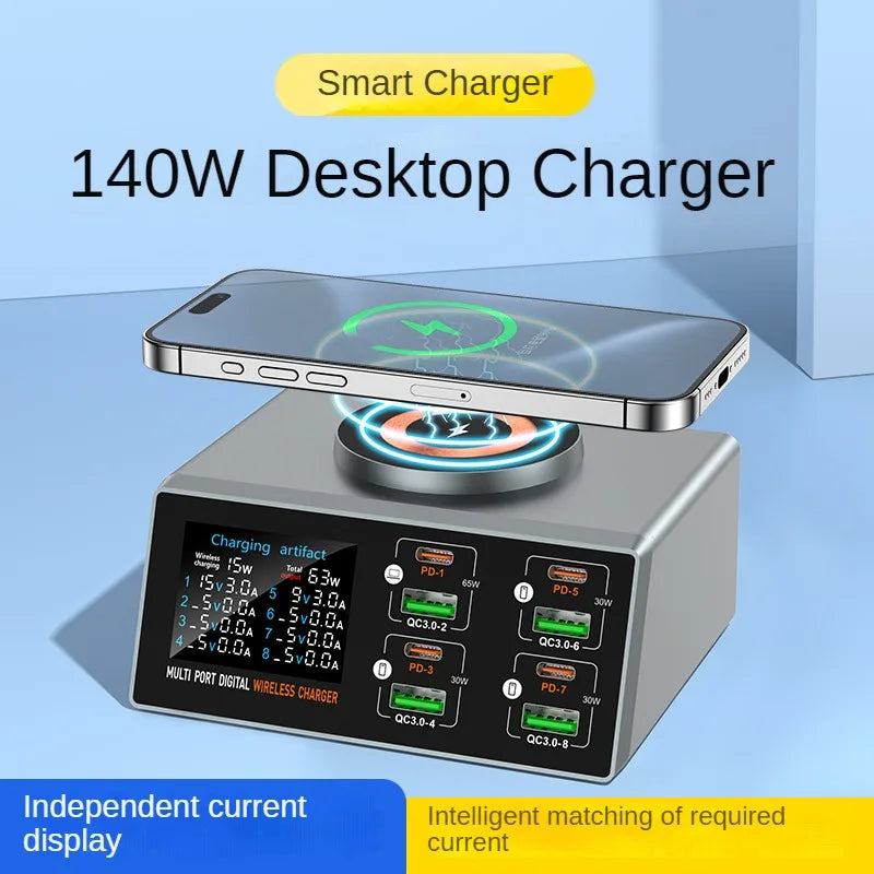140W Multi-Port Charger with Digital Display, PD+QC, and Desktop Magnetic Wireless Charging for Phones and Laptops