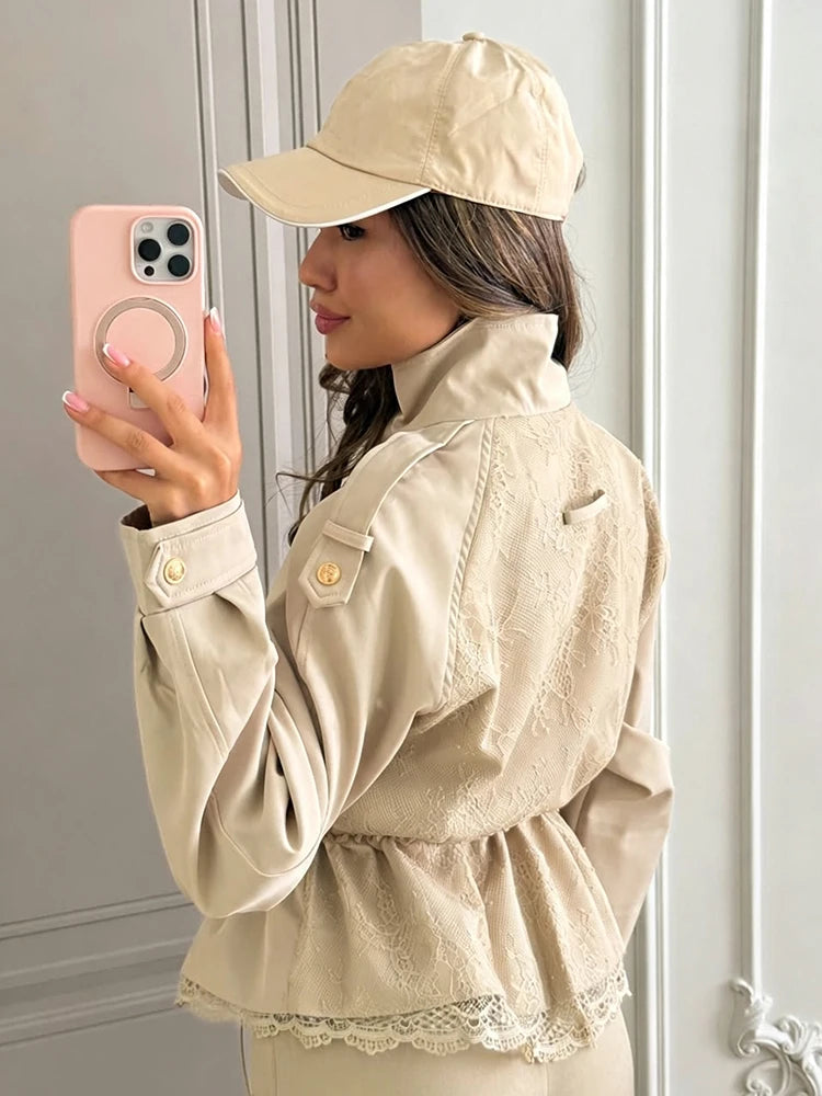 Women Lace Hem Cropped Trench Jacket Stand Collar Epaulet Gold Button Closure Drawstring Waist Coat Casual Ladies Outerwear
