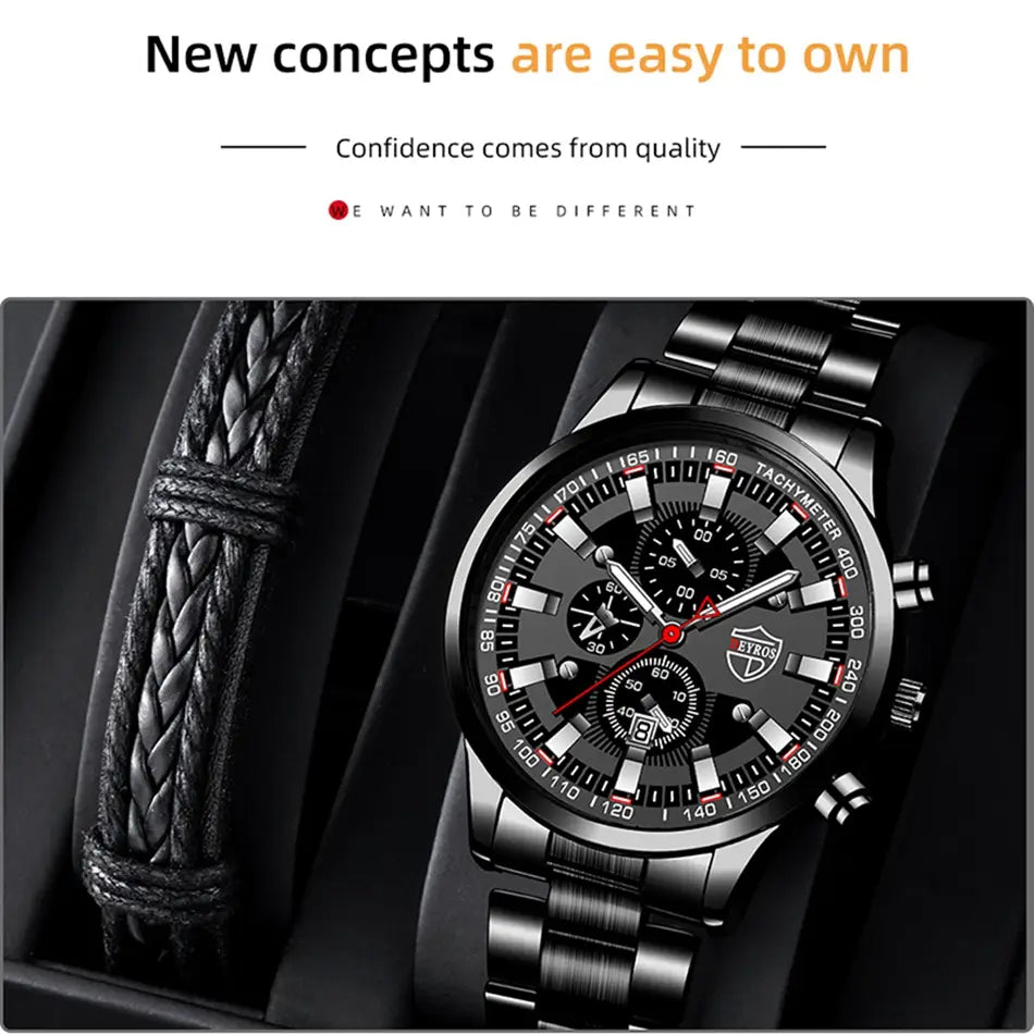 Montre pour homme Deyros en acier inoxydable noir, en quartz, présentant un cadran audacieux à plusieurs couches, des détails d’accent rouge et des fonctions de chronographe.