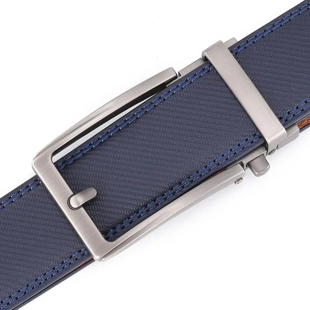 Navy blue textured leather mens belt with a sleek silver-toned automatic buckle designed for easy adjustment and stylish use.
