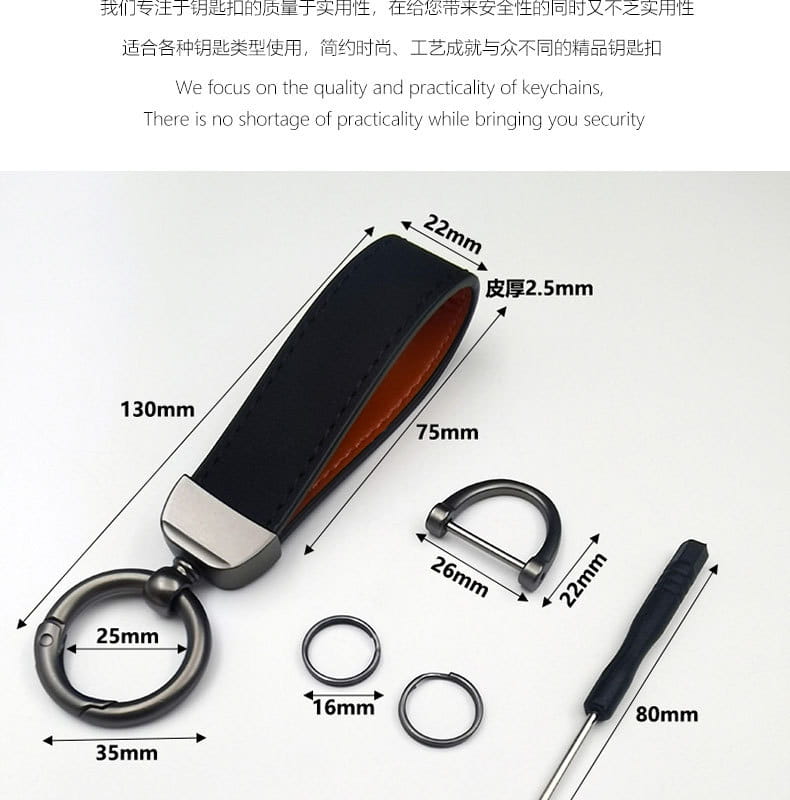 Genuine leather keychain 5-pack featuring black leather with orange inner lining and silver-toned metal ring and d-ring for car keys.
