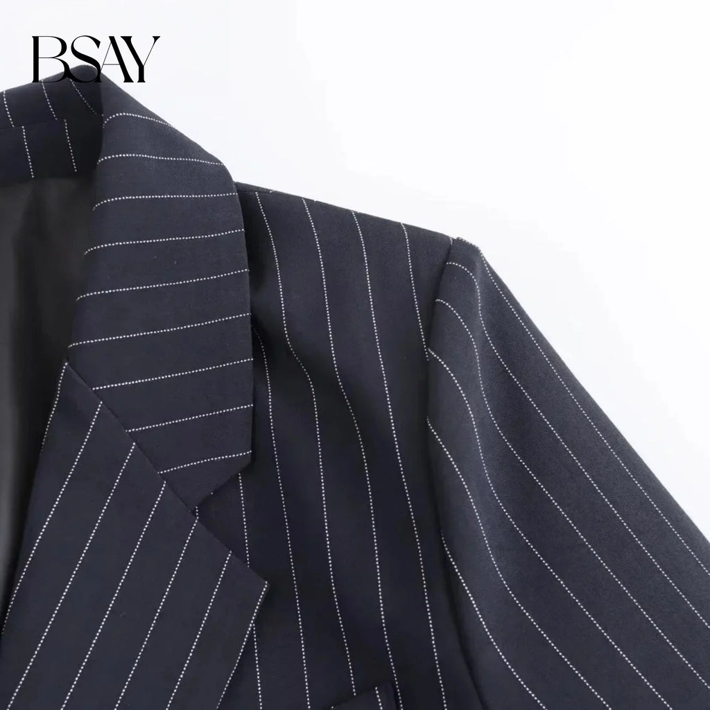BSAY Blazers for Women Fashion Autumn Winter Loose Fine Stripes Long Sleeve Double-breasted Suits Jacket Chic Female Suit Coat