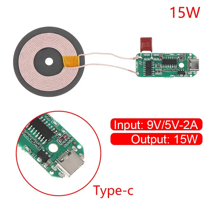 Wireless charger pcba 15w type-c module with a green circuit board, circular coil, and type-c port designed for efficient wireless charging and representing the wireless charger future.