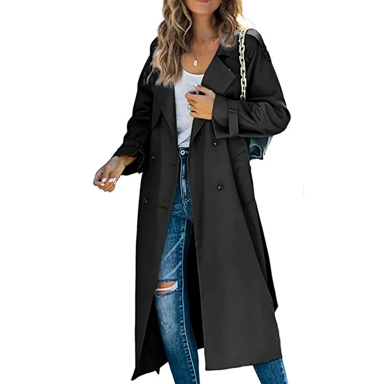Trench Women Coats Mid Length Coat Turn Down Collar Full Sleeve Double Breasted Elegant Splice Lace Up Jackets Autumn 2024