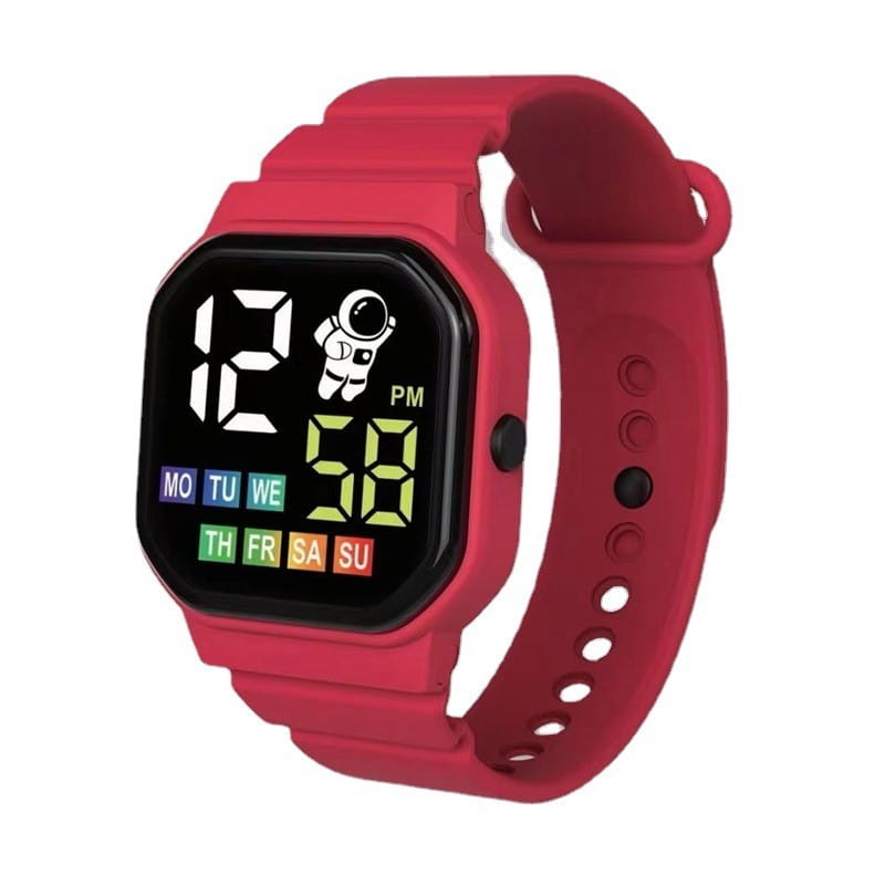 Kids astronaut led digital watch white featuring a red strap with a black screen displaying time and day and an astronaut icon.