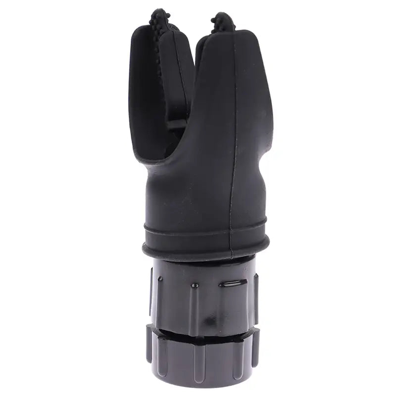 Black rubber diving regulator grip with textured ergonomic design and threaded base for secure attachment used in lung capacity training device respiratory fitness tool.