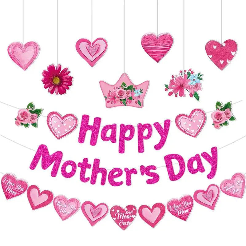 Happy Mother's Day Paper Pendant Banner Mother's Day Pink Party Decoration Heart Flower Mom Day Paper Garlands