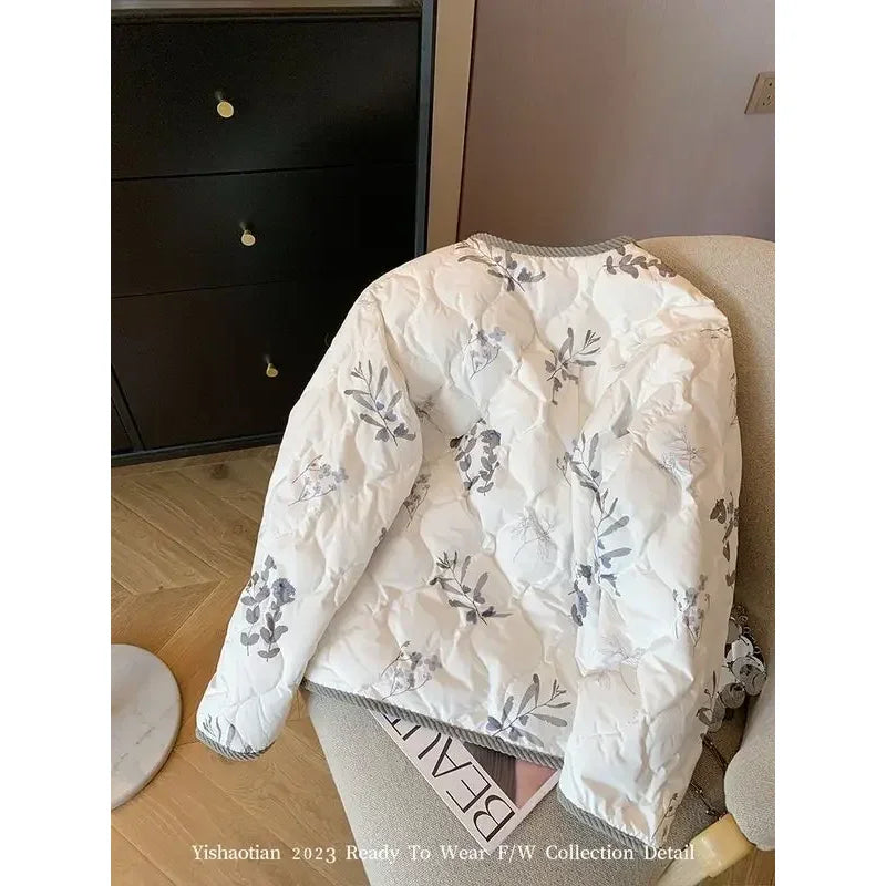 Corduroy Edging Padded Cotton Winter Coat for Women Aesthetic Y2K Floral Printed Elegant Bomber Jacket Korean Fashion Streetwear