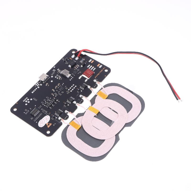 black wireless charging circuit board with three pink coiled inductors and red and black wires for 20w wireless charger module for car and home