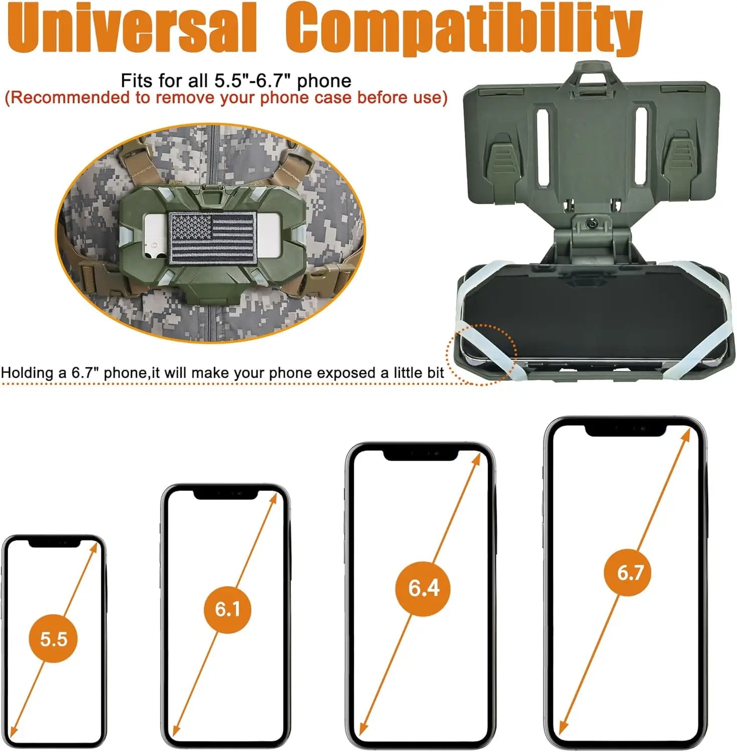 olive green rugged tactical molle phone navigation board with flip design and integrated carrying strap holding an iphone in landscape mode