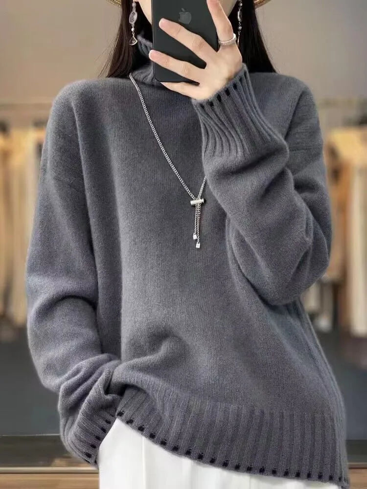 100% Pure Wool Sweater Women's 2025 Autumn and Winter New High Neck Pullover Fashionable Loose Plus Size Warm Knit Top
