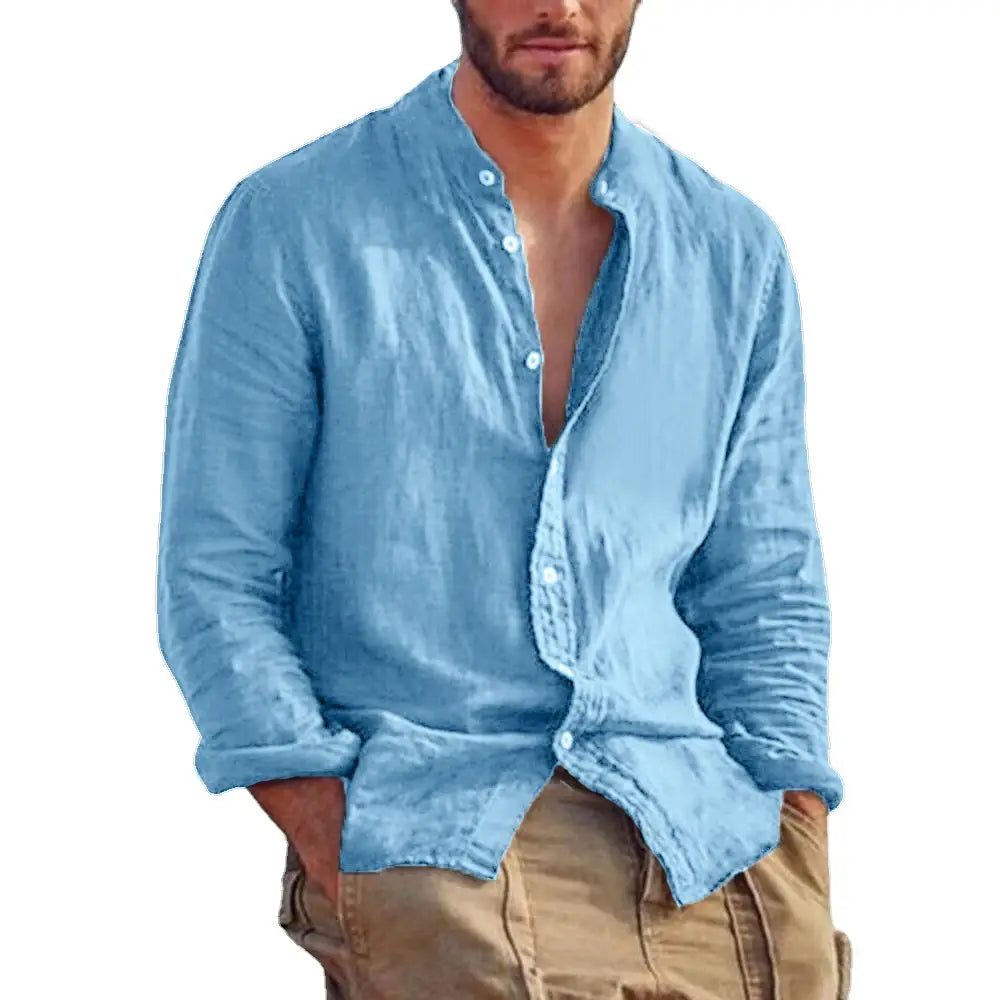 Men’s light blue linen long sleeve stand collar casual shirt with button-down front and rolled-up cuffs.