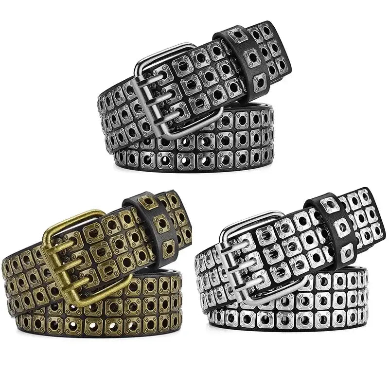 Three studded leather punk belts with metallic buckles in black olive green and silver finishes.