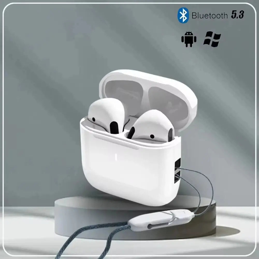 white true buds5 wireless bluetooth earbuds in a matching glossy plastic charging case featuring minimalist design and bluetooth 5.3 connectivity for hifi stereo audio.