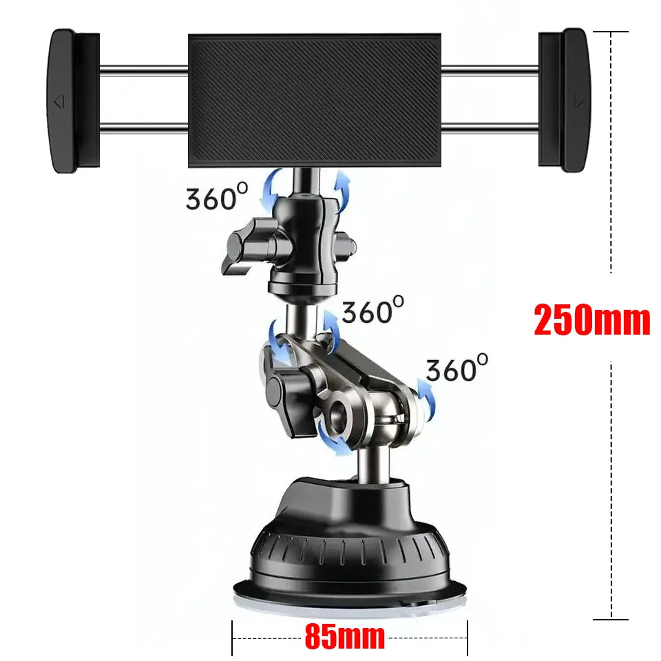 black adjustable tablet holder with suction cup base and 360-degree swivel joints for similar size devices on windshield mount