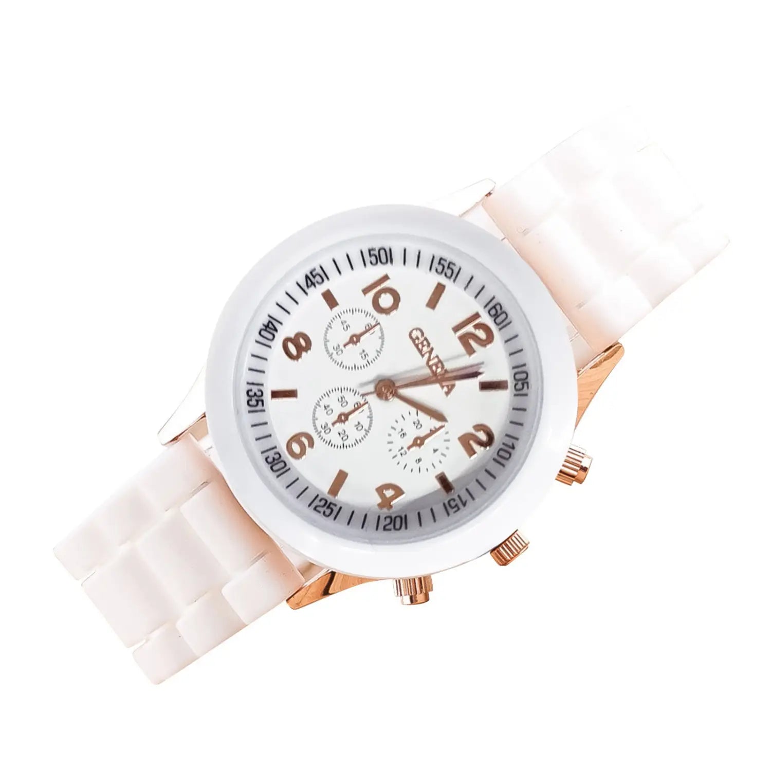 White ceramic women silicone quartz watch with rose gold-tone accents and a chronograph face for fashion use