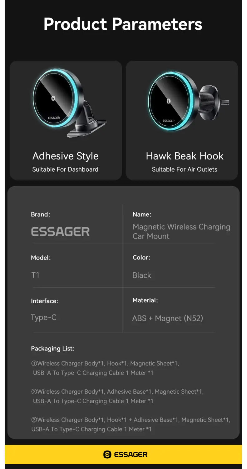 Black magnetic wireless charging car mount essager 15w made of sleek abs and n52 magnet body with adhesive base or hawk beak hook for versatile mounting options