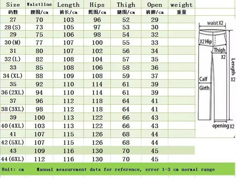 Tableau des tailles en centimètres pour les pantalons en jean cigarette skinny pour homme décontractés, taille ajustée, en noir, présentant des mesures allant de la taille 28 (petit) à la taille 44 (6XL).