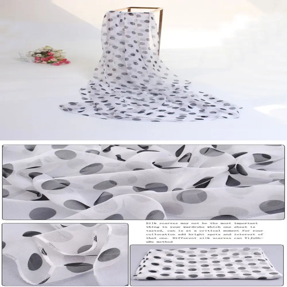 A lightweight sheer white silk polka dot head wrap scarf featuring a pattern of black and gray dots.