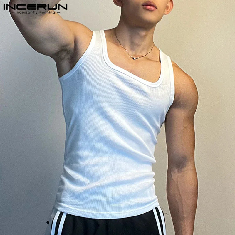 2023 Men Tank Tops Solid Color O-neck Sleeveless Streetwear Casual Male Vests Fitness Summer Workout Men Clothing S-5XL INCERUN