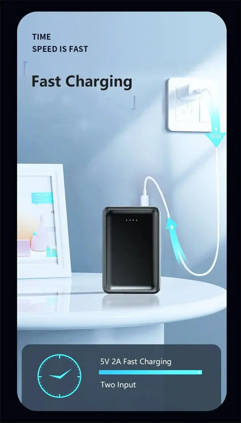 Black rectangular power bank with a sleek minimalist design and four indicator lights for charging devices and air conditioning clothing like heated vests with 20000mah capacity.