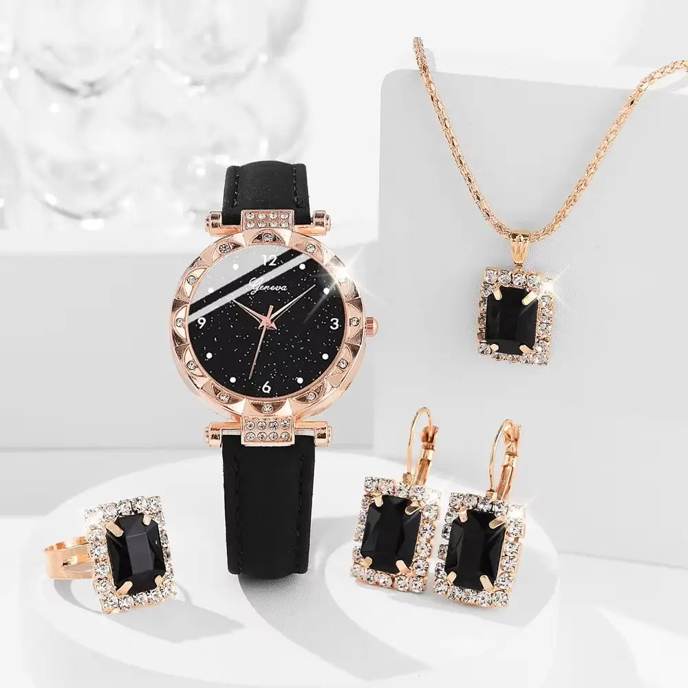 Rose gold black leather women quartz watch set with a starry black dial adorned with rhinestones.