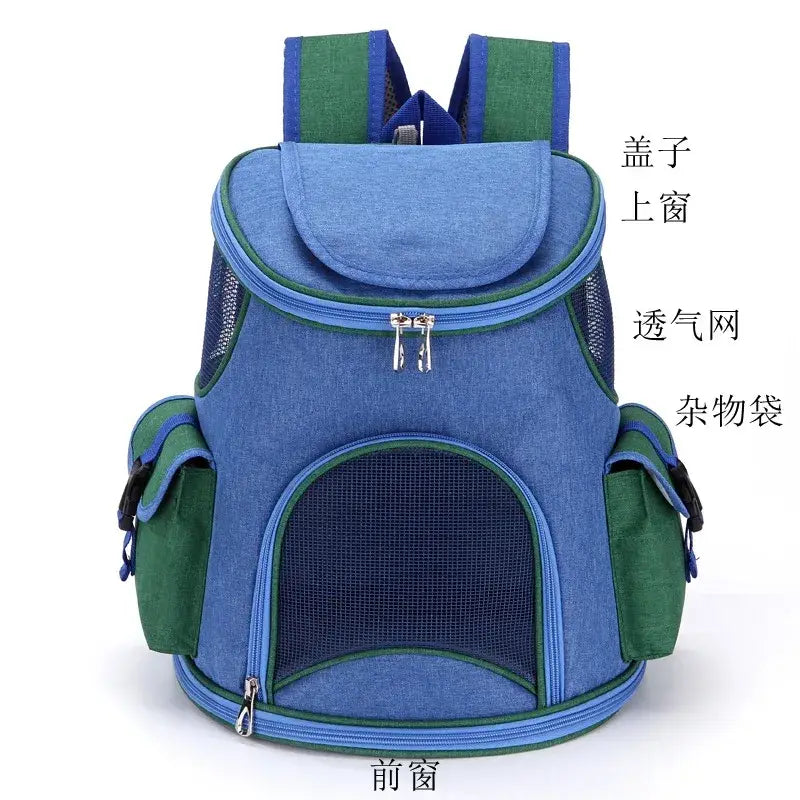 Mochila de viaje para mascotas de tela Oxford azul y verde, con ventanas de malla para ventilación, diseñada para caminatas como suministros esenciales para mascotas.