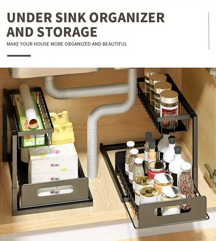 Organisateur d’évier en forme de L à deux niveaux en métal noir, conçu pour le rangement et l’organisation des placards de cuisine et de salle de bains.