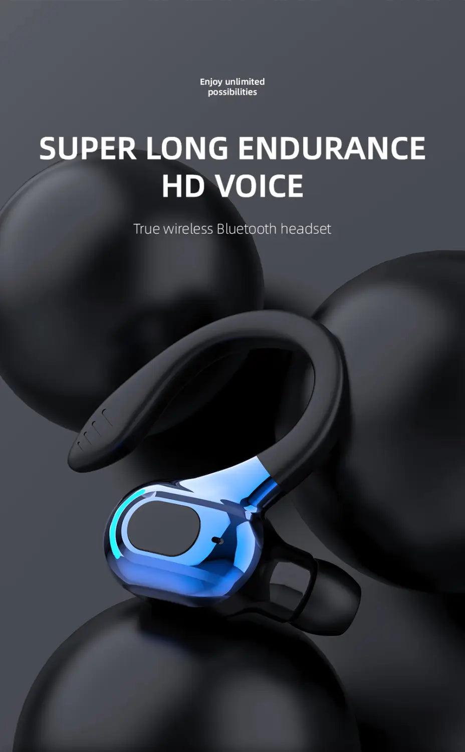Blue and black wireless ear hook sport earbuds with Bluetooth 5.2 and a sleek ergonomic design.