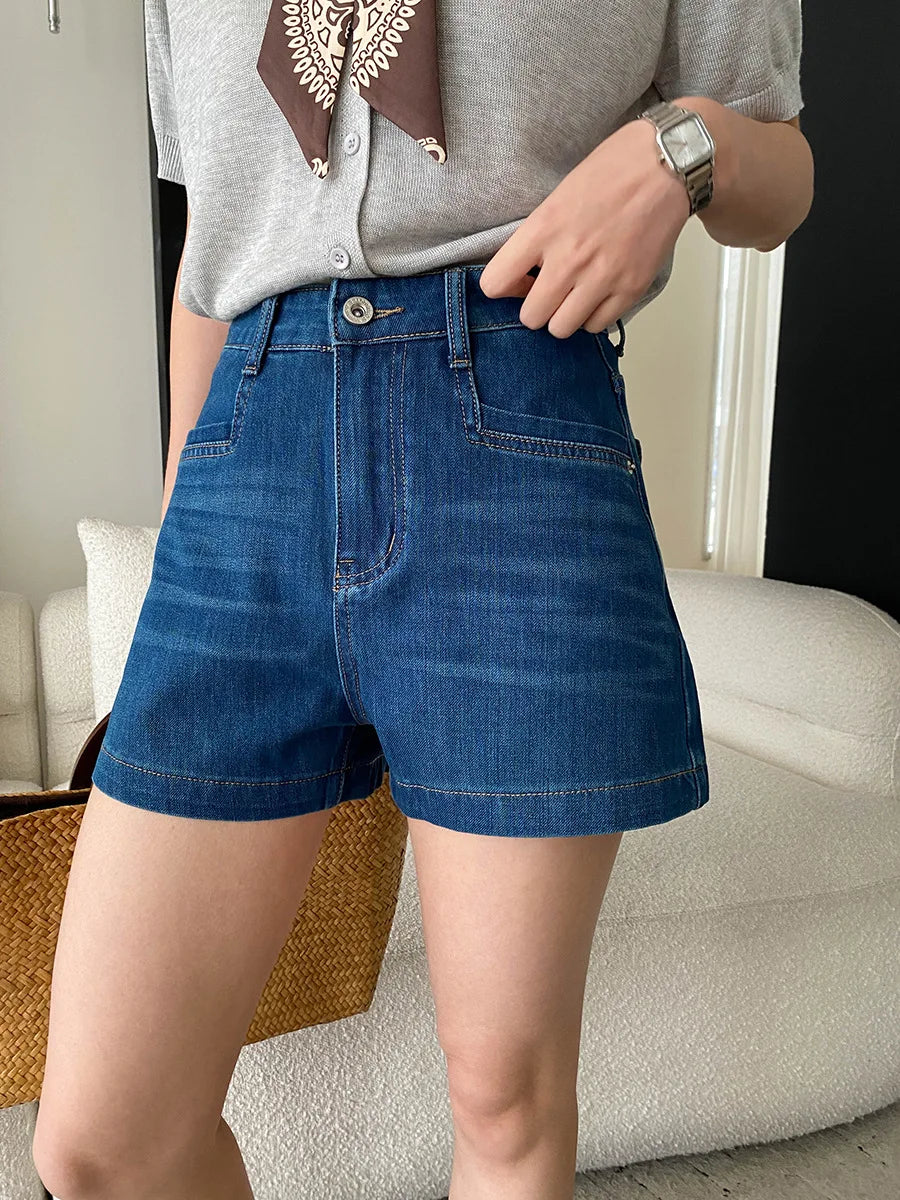 Summer women's casual solid color high waist loose A-line wide leg denim shorts
