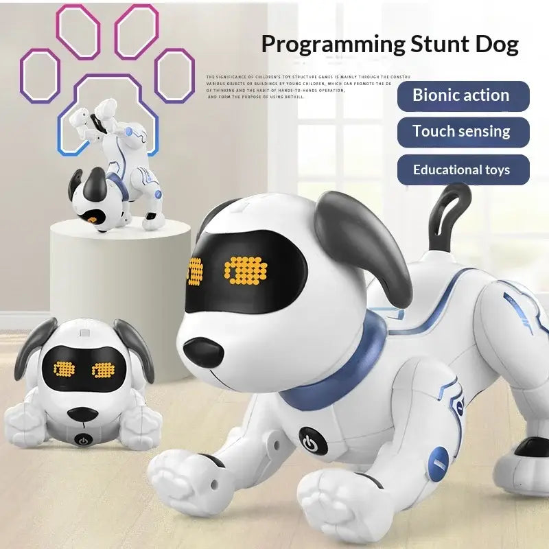 White and blue interactive robotic dog toy with led eyes and voice control designed for interactive play.