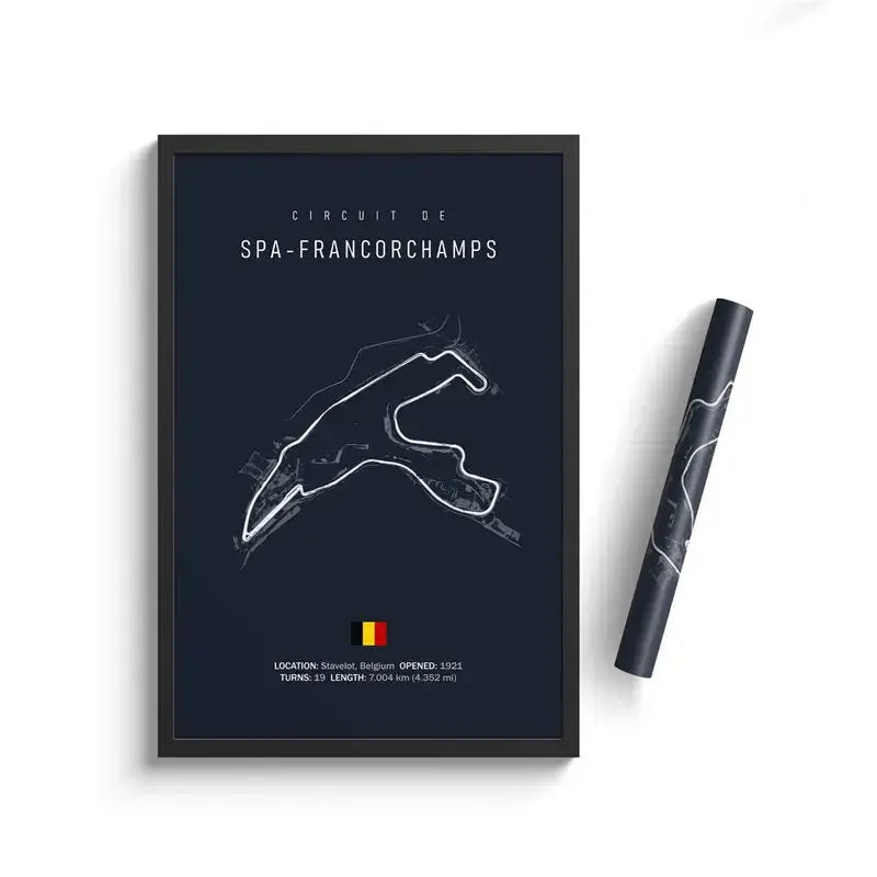 Œuvre murale en toile du circuit de Formule 1 encadrée en noir, élégante, affichant un dessin minimaliste en lignes blanches du circuit de Spa-Francorchamps sur un fond bleu marine profond, avec du texte et un drapeau belge en bas, adaptée à la décoration de la maison dédiée au sport automobile.