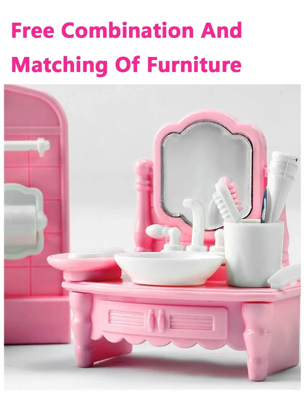 Set für eine Puppenhaus-Küchenzeile im Miniaturformat aus rosa Kunststoff mit einem Waschtisch mit weißem Waschbeckenspiegel und Halterung für die Zahnbürste.
