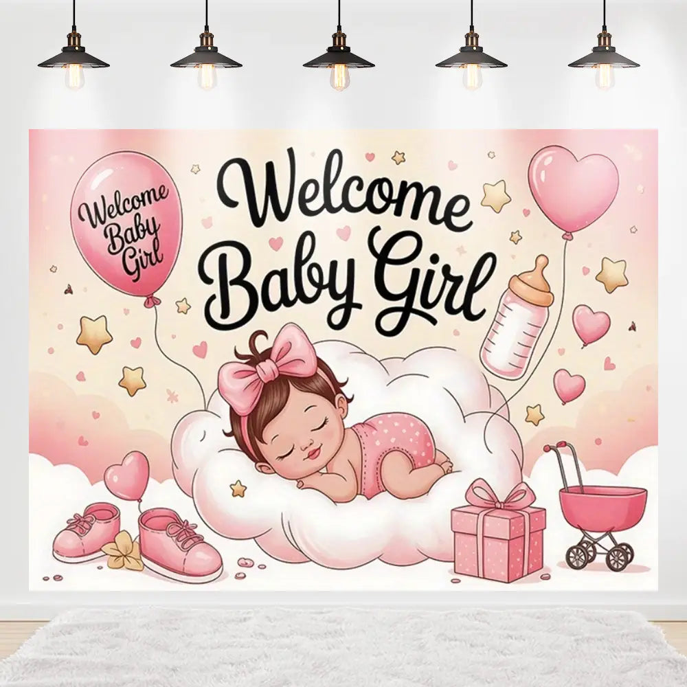 Willkommensbanner für ein Baby-Mädchen im Pink-Thema mit Teddybär im Stil einer Babydusche als Fotohintergrund, mit einem schlafenden Baby-Mädchen mit Schleife, umgeben von Ballon- Sternen und Dekoartikeln für das Kinderzimmer.