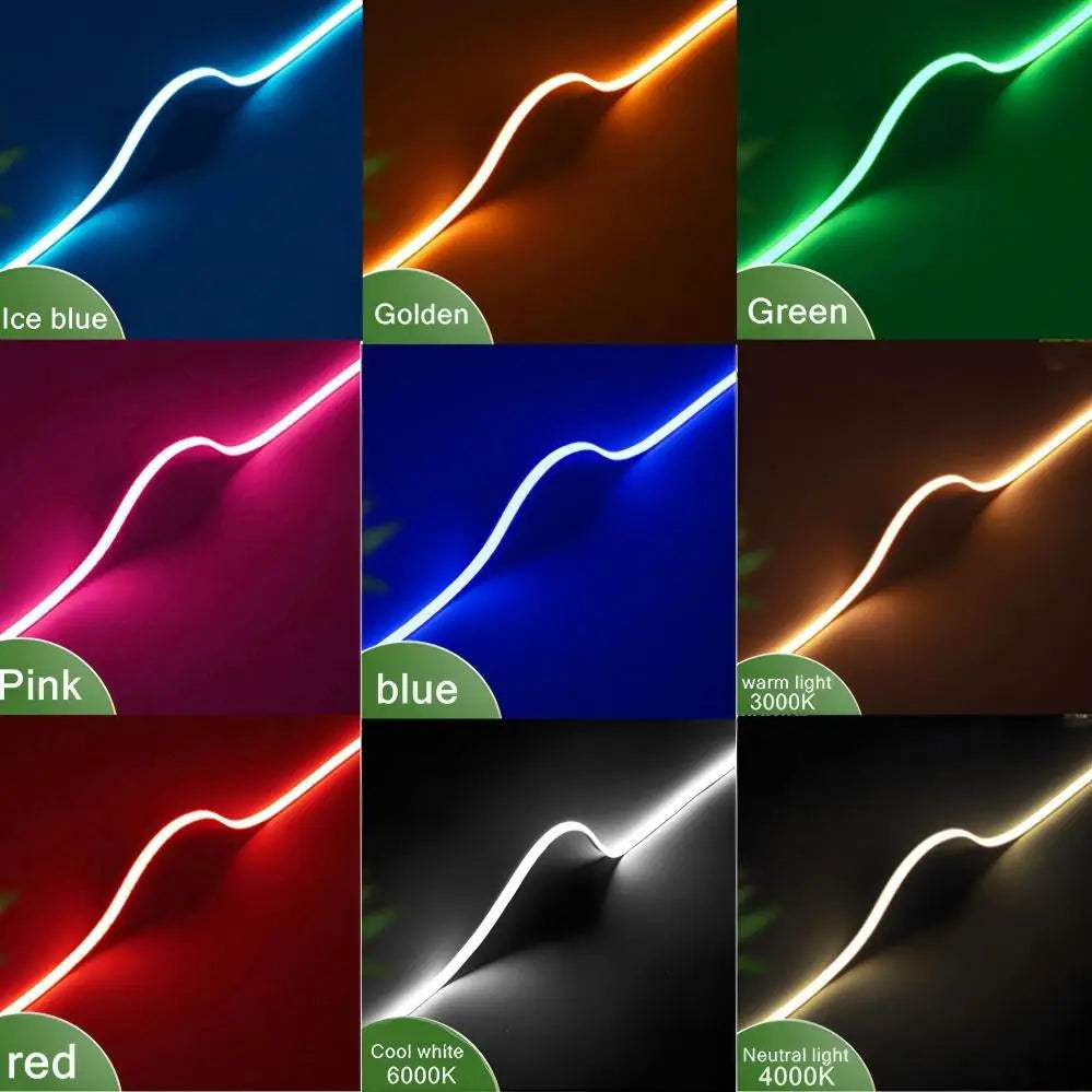 Cinta LED COB ultrafina que muestra múltiples opciones de color flexibles, incluidas azul hielo, verde dorado, rosa, rojo y blanco neutro, para decoración del hogar de bricolaje.