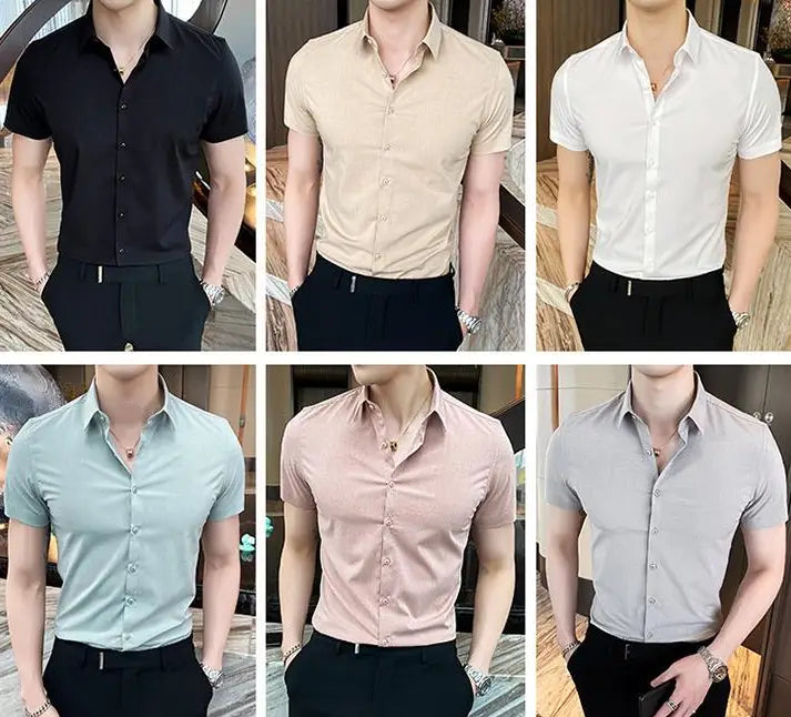 Herren-Kurzarm-Kleidhemden in Schwarz, Beige, Weiß, Hellblau, Pink und Grau aus einem Baumwollmischgewebe, geeignet für formelle oder legere Kleidung