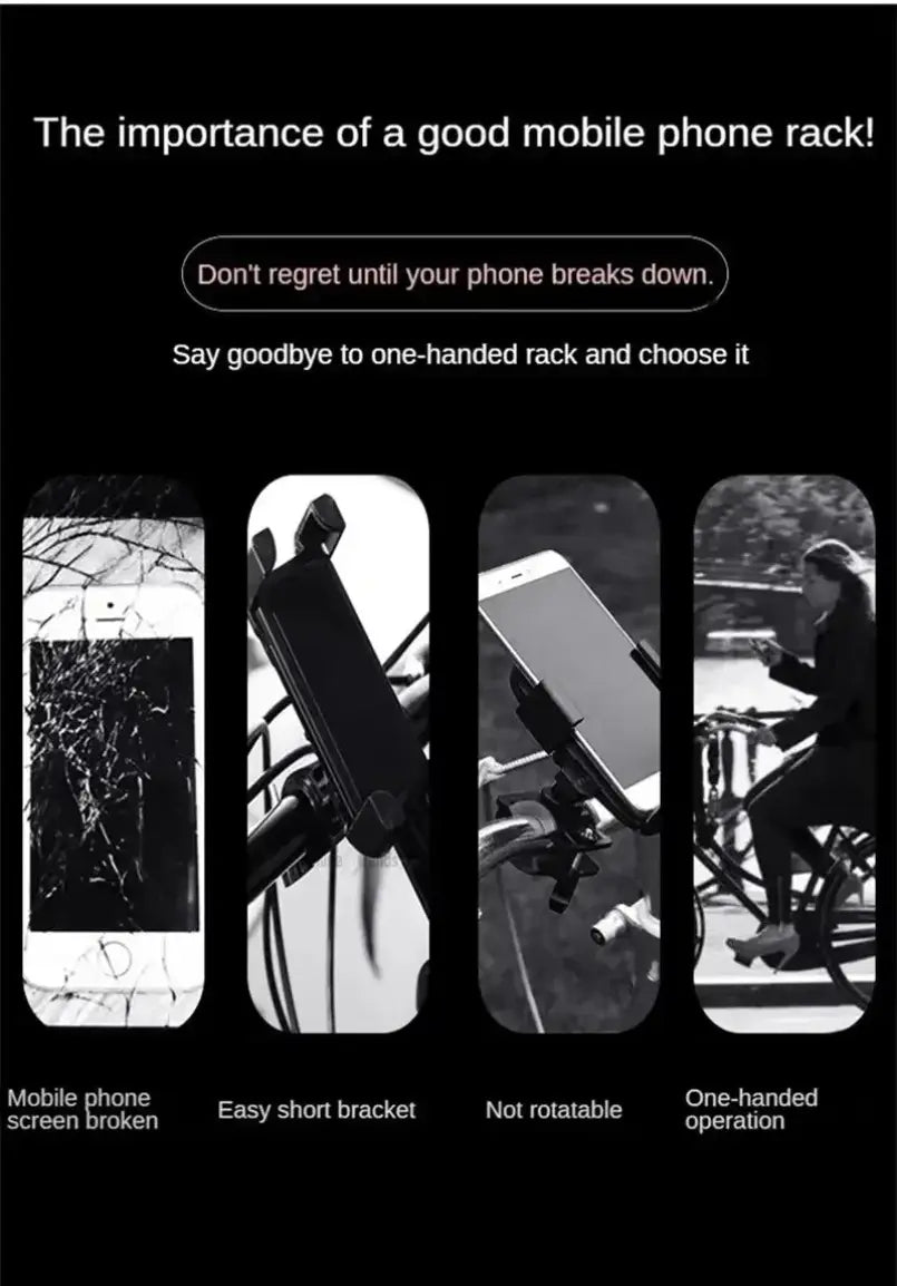 Soporte para teléfono para bicicleta de metal negro, con diseño de soporte corto para facilitar el manejo con una sola mano