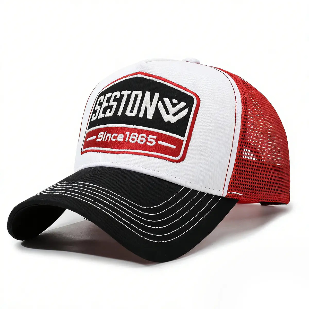 White red and black trucker style cap with mesh back and embroidered seston logo patch in a baseball cap design