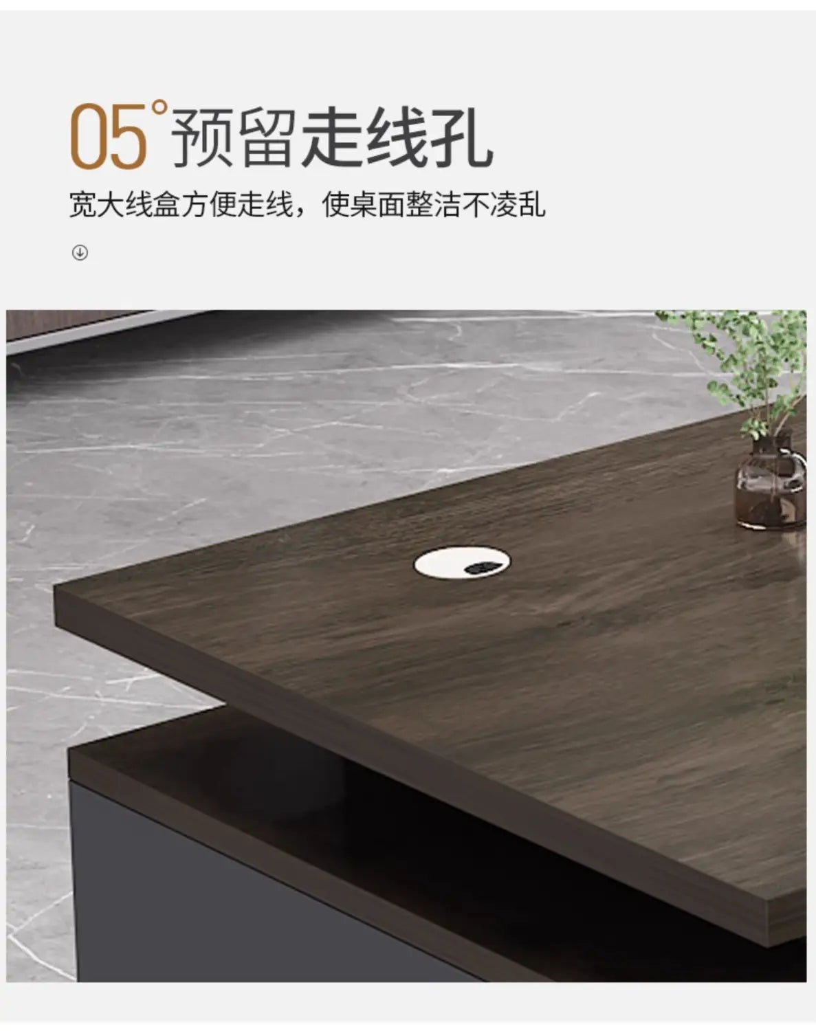 Bureau de travail en bois moderne avec finition veinée de bois foncé, comprenant un orifice circulaire blanc et noir de gestion des câbles et des tiroirs de rangement.