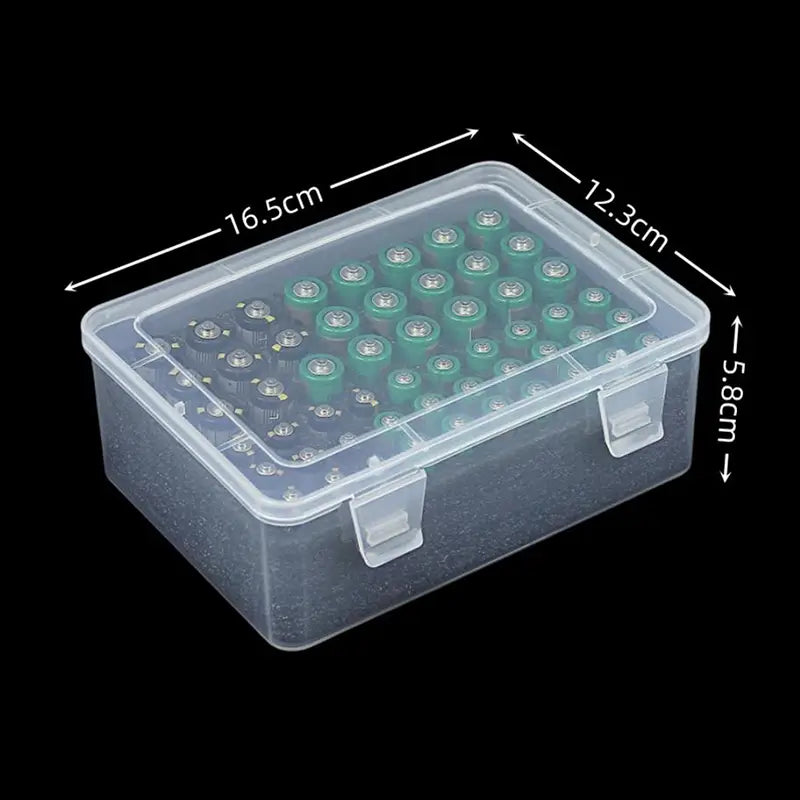 Clear plastic battery storage organizer holder with hinged lid and compartments containing green and black cylindrical batteries designed to hold 54 batteries.