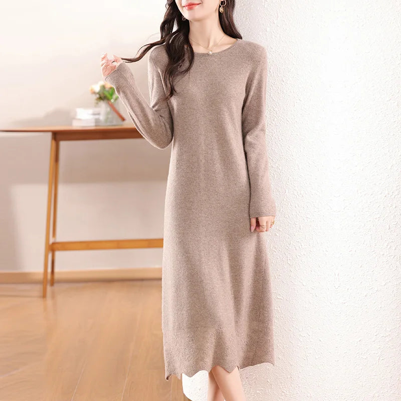 100% Pure Wool Women's Long Dress Winter Loose Round Neck Pullover Sweater Skirt Knit Bottoming Dress