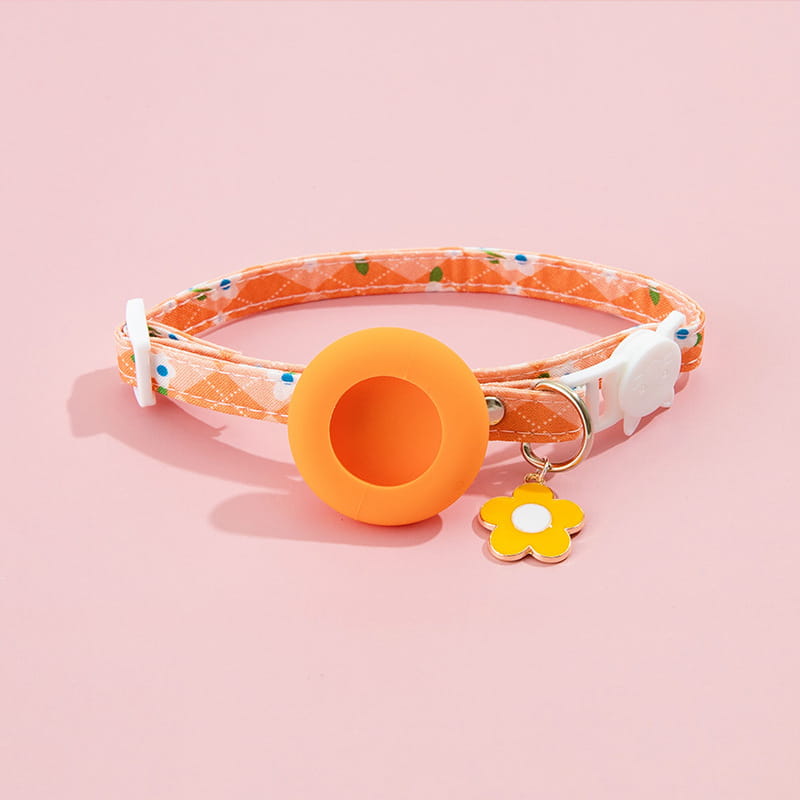 orange floral-patterned airtag cat collar with matching silicone ring and yellow flower charm featuring airtag protective case for park dog cat use
