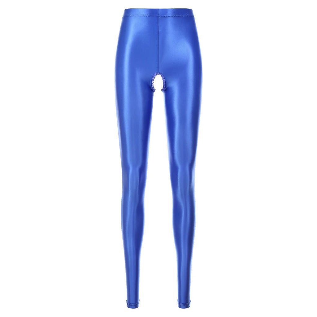 Women Solid Color Skinny Oil Glossy High Waist Open Crotch Leggings Pants Lingeries Tights Nightpants Club Porn Party Trousers