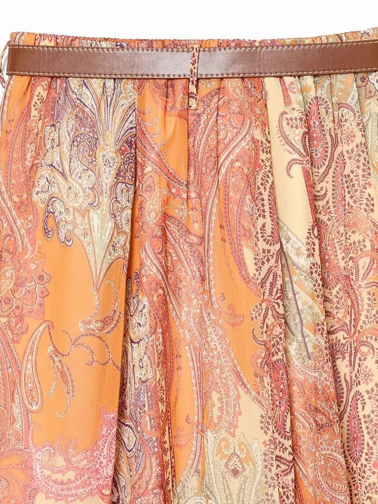 Women Summer New Skirts Fashion Women Retro Print High Waist Skirts Chic Summer Elegant Holiday Lady Belt Skirts