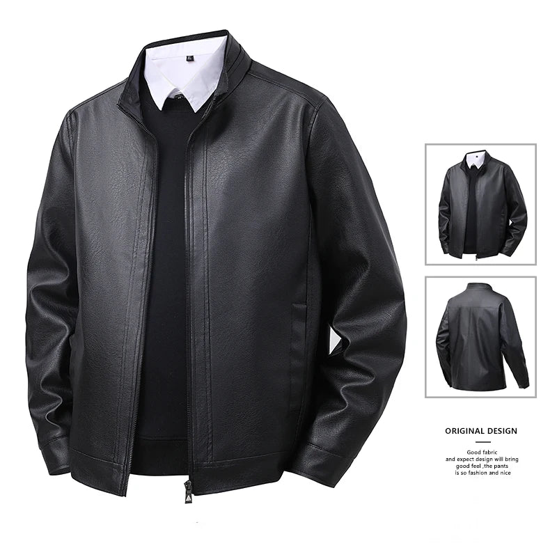 Business Leather Jacket Men Stand Collar Slim Pu Leather Workwear Jackets Fashion Motorcycle Coat Men's Moto Biker Leather Coats